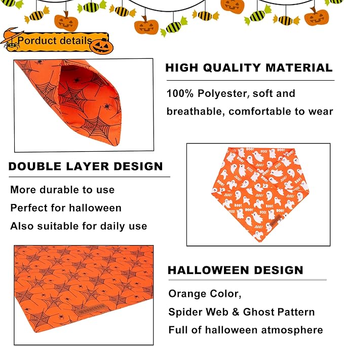 ADOGGYGO Halloween Dog Bandana, Spider Web Ghost Pet Scarf, Premium Durable Fabric, Orange Halloween Bandanas for Medium Large Dogs Pets (Large)
