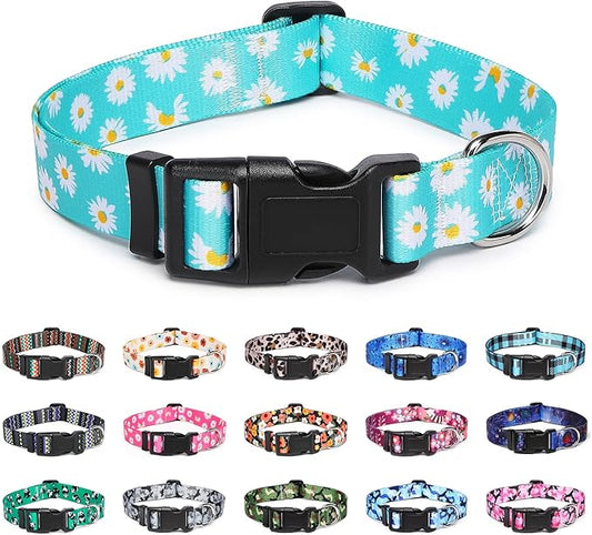 Adjustable Dog Collar with Patterns, Ultra Comfy Soft Nylon Breathable Pet Collar for Small Medium Large Dogs (M, Blue Daisy)