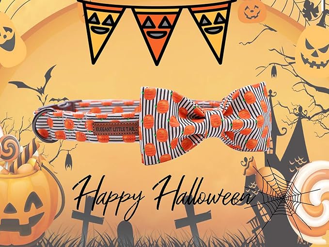 Elegant little tail Halloween Dog Collar, Pumpkin Print Pet Collar Bowtie Dog Collar Holiday Adjustable Pet Gift Collars for Small Medium Large Dogs