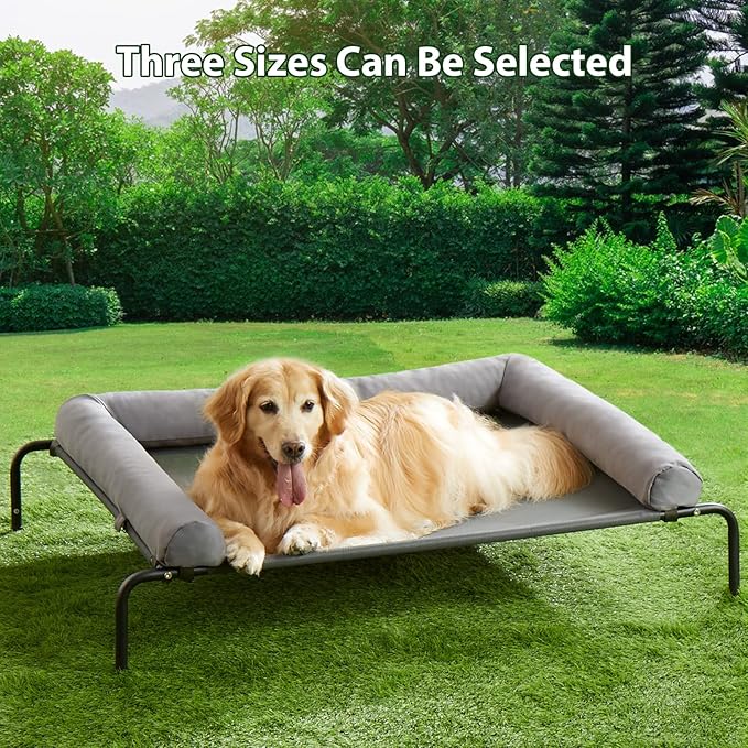 Cooling Elevated Dog Bed for Large Dogs – Waterproof Raised Dog Cot with Slope Headrest, Breathable Teslin Mesh, Durable & Portable Pet Bed for Indoor and Outdoor Use, Grey