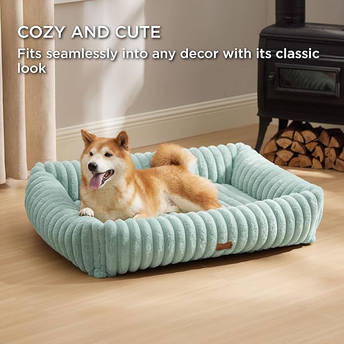 Bedsure Washable Dog Bed for Large Dogs - Cute Furry Puppy Beds, Rectangle Orthopedic Corduroy Fleece Pet Beds with Removable Zipper Cover, 36x27x8inches, Green