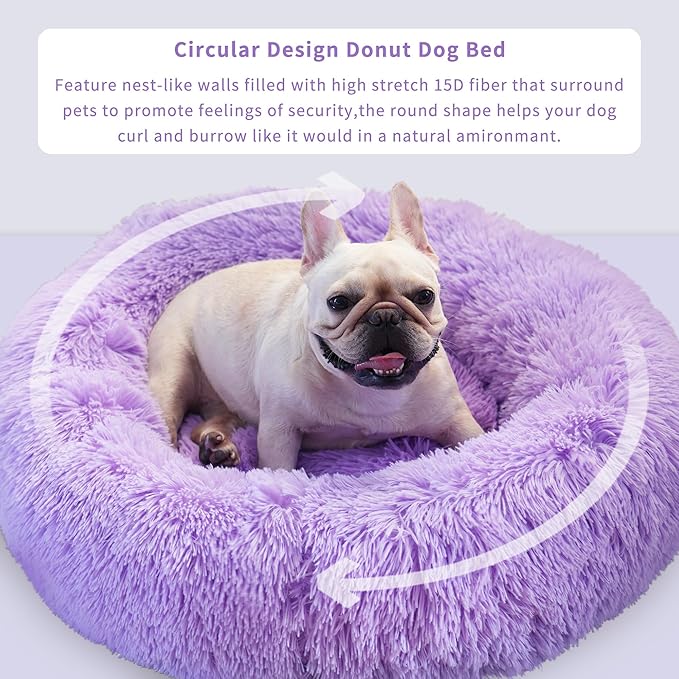 Purple Dog Bed Medium Size Dog 23 Inch Anti-Anxiety Donut Cuddler Bed, Warming Cozy Soft Fluffy Faux Fur Plush