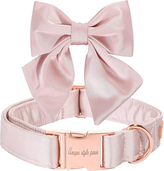 Unique style paws Silk Pink Color Dog Collar Adjustable Durable Dog Collar with Bow Wedding Bowtie Collar for Small Puppy and Cats