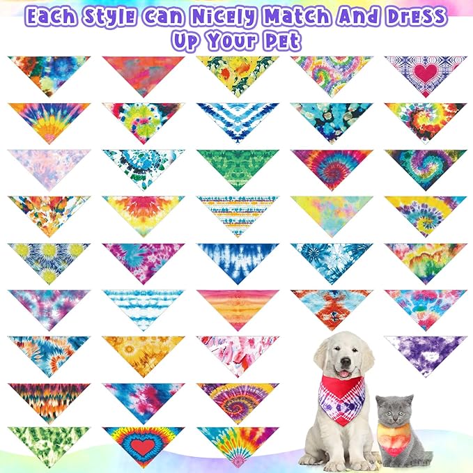 Amylove 120 Pcs Dog Bandanas Bulk Holiday Triangle Dog Pack Puppy Kerchief Bandana Adjustable Pet Scarf for Pet Cat Costume Accessories Decor Summer(Tie Dye)