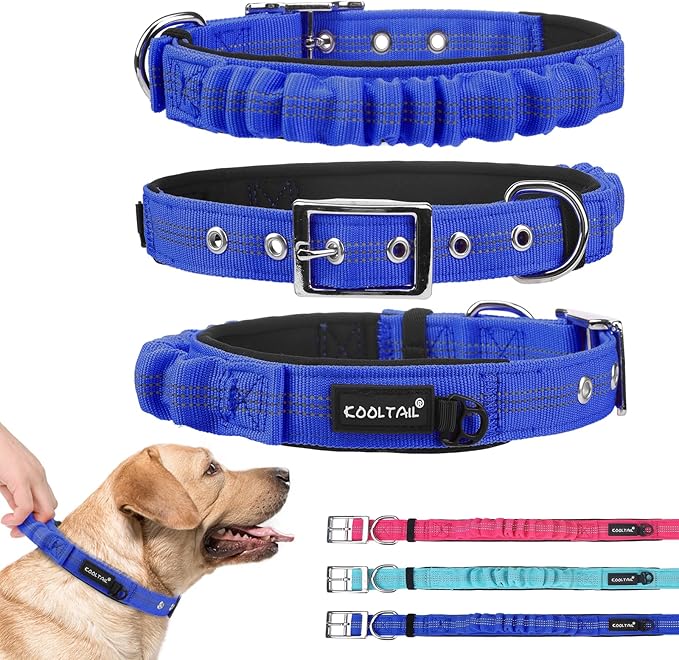 KOOLTAIL Heavy Duty Dog Collar with Handle for Large Dogs, Ballistic Nylon Collar for Training Control, Soft Padded Thick Wide Reflective Dogs Collar with Adjustable Metal Buckle for Walking, Blue L