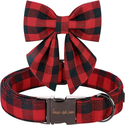 Unique style paws Christmas Dog Collar with Bow Tie Classic Red Plaid Puppy Collar for Small Medium Large Dogs as Holiday Winter Gifts-XL