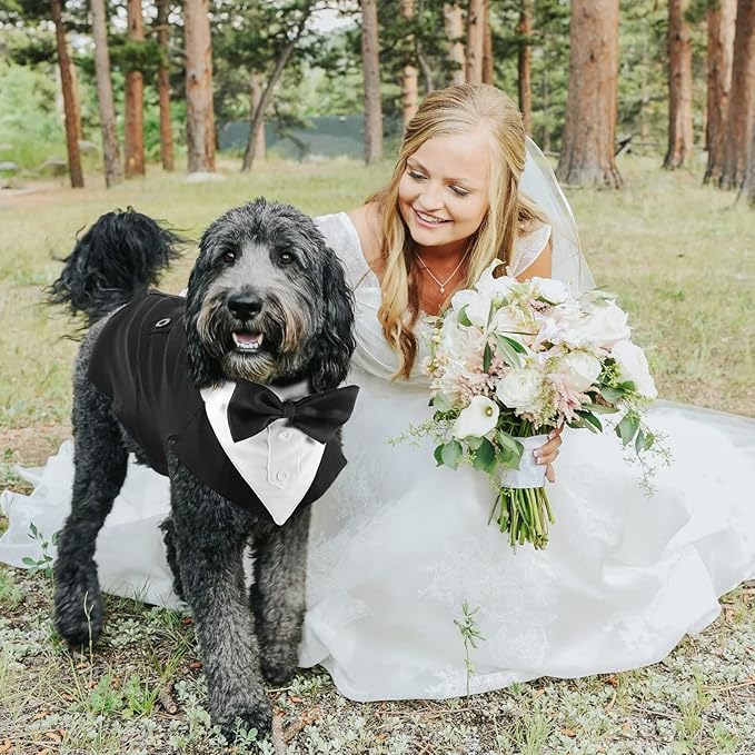 Segarty Dog Tuxedo and Bandanas Suit Formal Wedding Costume, Adjustable Pet Collar with Black Bow Tie, Detachable Dogs Shirt Bandanas Set for Extra Large Dog Prince Outfit Birthday Cosplay Attire