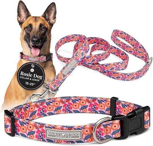 Lucky Love Dog - Easy Click Buckle Dog Collar with Leash Set Combo, Durable & Comfortable for Male & Female Dogs, Pet Collar for Small to Large Dogs, Secure Fit - Floral Rosie Combo, Large