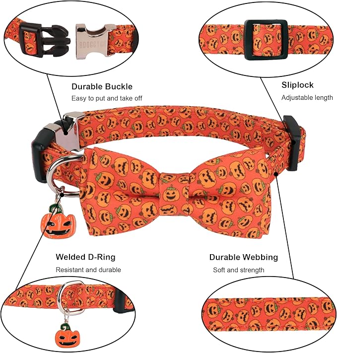 ADOGGYGO Halloween Dog Collar with Detachable Bow, Adjustable Orange Pumpkin Halloween Bowtie Collars for Small Medium Large Dogs (Large)