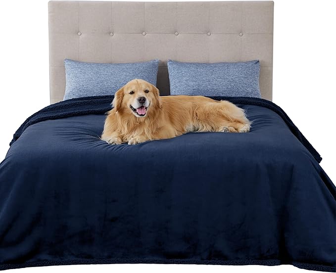 Bedsure Waterproof Blanket for Bed - Sherpa Fleece Waterproof Dog Blankets for Large Dogs, Pet Blankets for Bed/Couch/Dog Crate, Soft Plush Reversible Furniture Protector, Queen, 90"x86", Navy