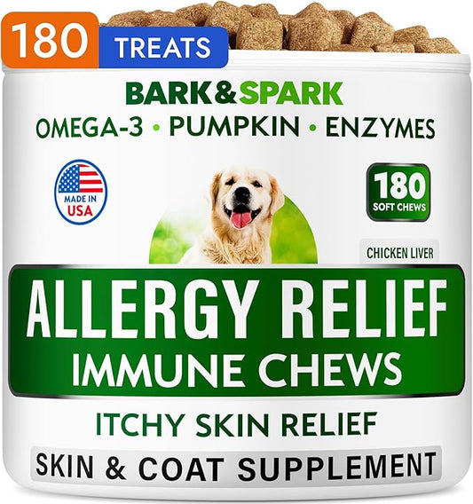 BARK&SPARK Dog Allergy Relief Chews (180 Immune Treats) - Anti-Itch Skin & Coat Supplement - Omega 3 Fish Oil - Dry & Itchy Skin Relief Treatment Pills - Itching, Paw Licking & Hot Spots