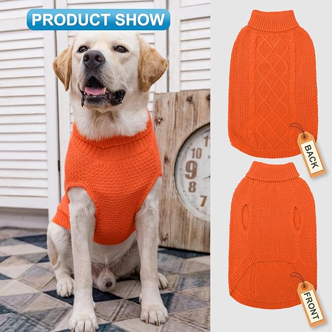 Mihachi Turtleneck Dog Sweater - Winter Coat Apparel Classic Cable Knit Clothes with Leash Hole for Cold Weather, Ideal Gift for Pet in New Year Orange Large