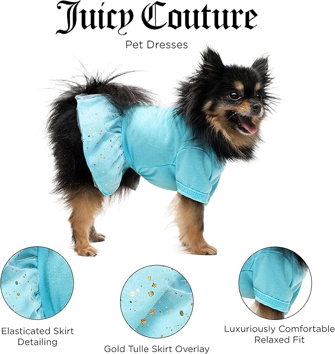 Juicy Couture Turquoise Tulle Sequin Dog Dress – Pullover Design Puppy Shirt with Elasticated Waistline and Flared Skirt, Doggie Clothes for Convenient Bathroom Breaks, X-Small (2-4 lbs.)