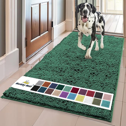 Muddy Mat® Shown on TV – Super Absorbent Microfiber Dog Door Mat for Muddy Paws, Non-Slip Washable Pet Rug, Quick Dry Chenille Entryway Carpet, Machine Washable Indoor Outdoor mat, Dark Green 59"x35"