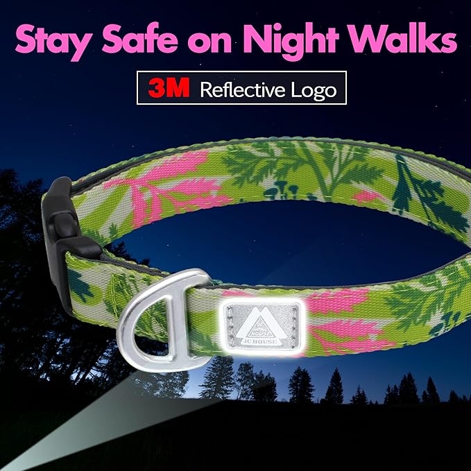 Dog Collar for Large Dogs with Reflective Logo and Soft Padded Neoprene,Summer Tropical Leaf Design,Adjustable,Lightweight & Durable, Neck Size 16’’-25’’ (Leaf, L)