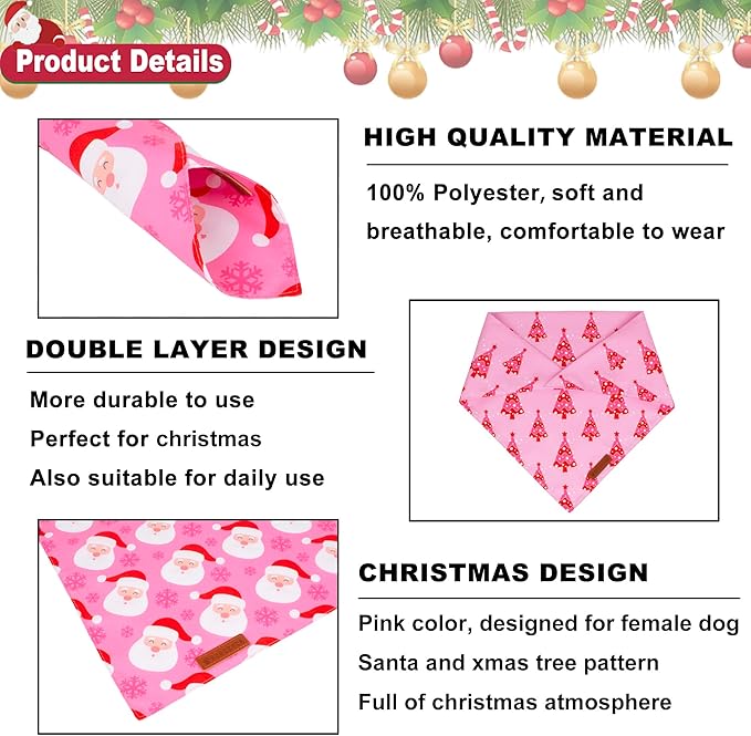 ADOGGYGO Christmas Dog Bandana, Xmas Tree Santa Pet Scarf, Premium Durable Fabric, Adjustable Fit Female Pet Christmas Bandanas for Extra Large Dogs (X-Large)