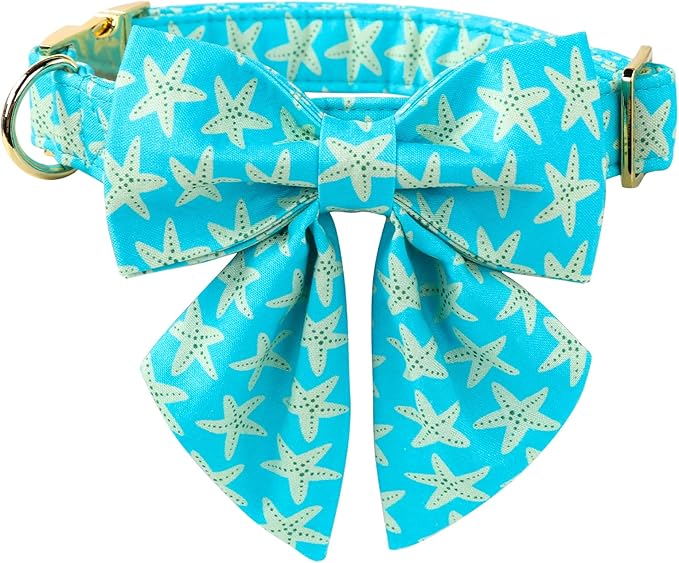 Lionet Paws Summer Dog Collar with Sailor Bow, Soft Comfortable Adjustable Cute Starfish Collar for Dogs, Small, Neck 10-16 inches