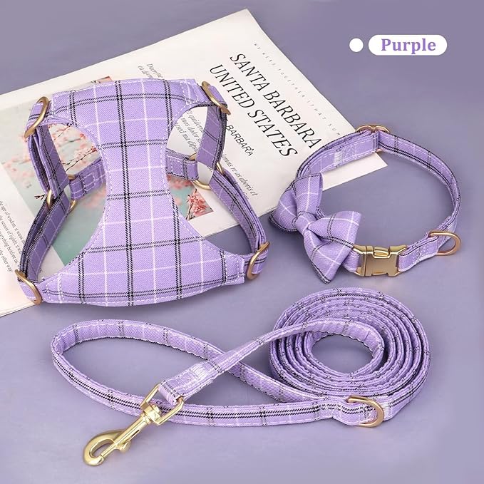 Beirui Cute Small Dog Harness Collar and Leash Set with Bowtie, Soft Adjustable Plaid Puppy Harness for Small Sized Dogs Cats Walks Parties and Photoshoots(Purple,XXS:Chest 12-14")