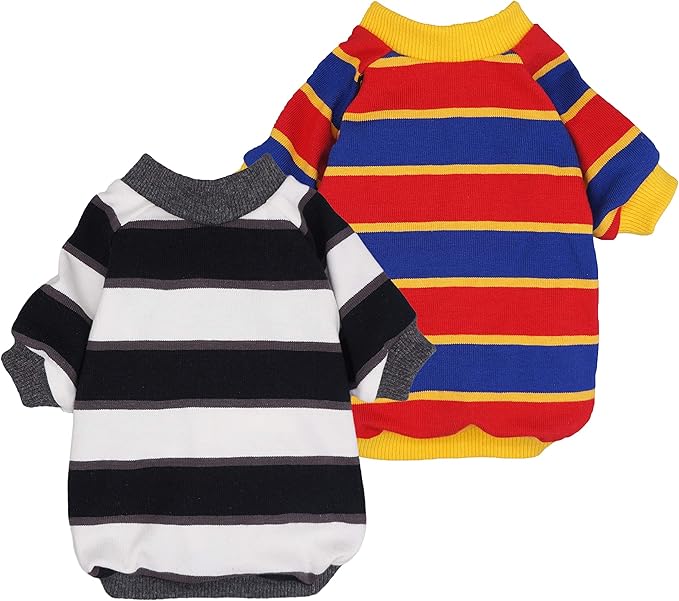 Fitwarm 2 Pack Striped Dog Shirt, Summer Dog Clothes for Small Dogs Boy, Breathable Pet Tshirt, Stretchy Cat Outfit, 101% Cotton, Black and White, Royal Blue and Yellow, Small