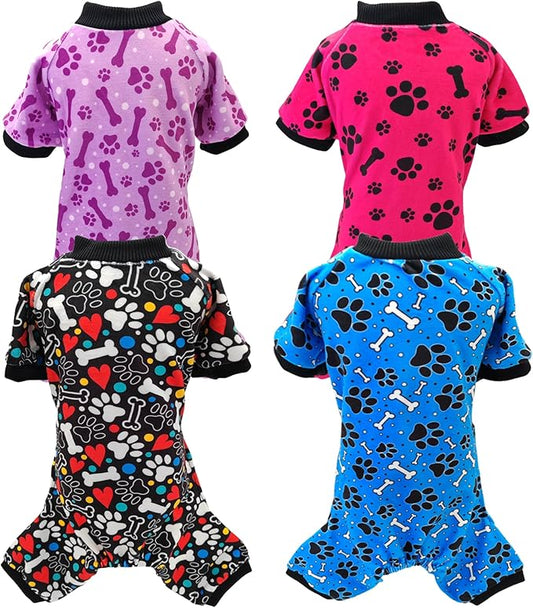 PET SHOW 4 Pack Small Dog Pajamas Paw Bone Patterns Cute Clothes for Medium Dogs Soft Stretchy PJs 4 Legged Jumpsuit Puppy Cats Onesies Outfits with Sleeve Dachshund Doggies Girl Boy (XX-Large)