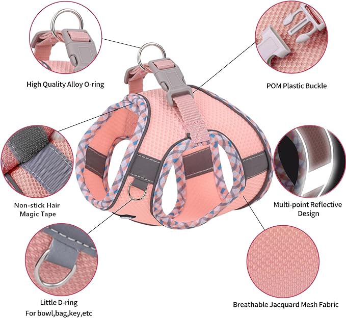 AIITLE Dog Harness and Leash Set - Ultra-Comfortable XXS-XL Vest with Strong Velcro & Glow-in-Dark Reflective Strips, Chafe-Free for Teddy, Schnauzer (Pink, M)
