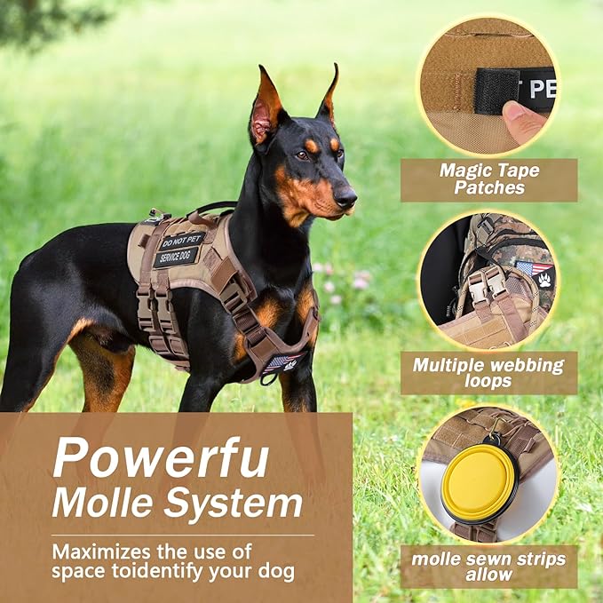 No Pull Tactical Dog Harness for Medium Dogs, Escape Proof Molle Dog Vest Harness and Leash Set, Adjustable Military Service Dog Harness with Handle for Medium Large Dogs(Brown,M)