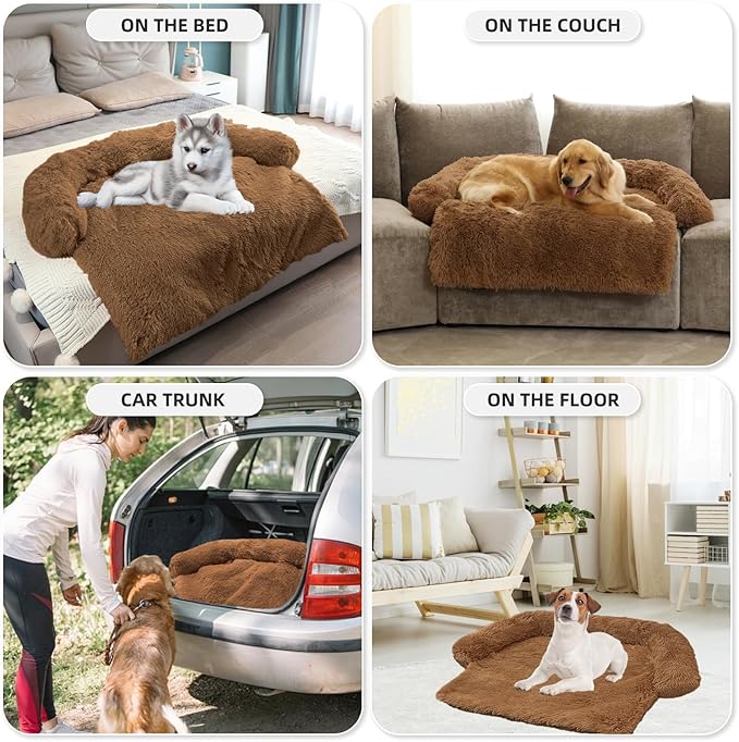 Calming Dog Bed Fluffy Plush Dog Mat for Furniture Protector with Removable Washable Cover for Large Medium Small Dogs and Cats (Extra Large (53x39.3x6), Brown)