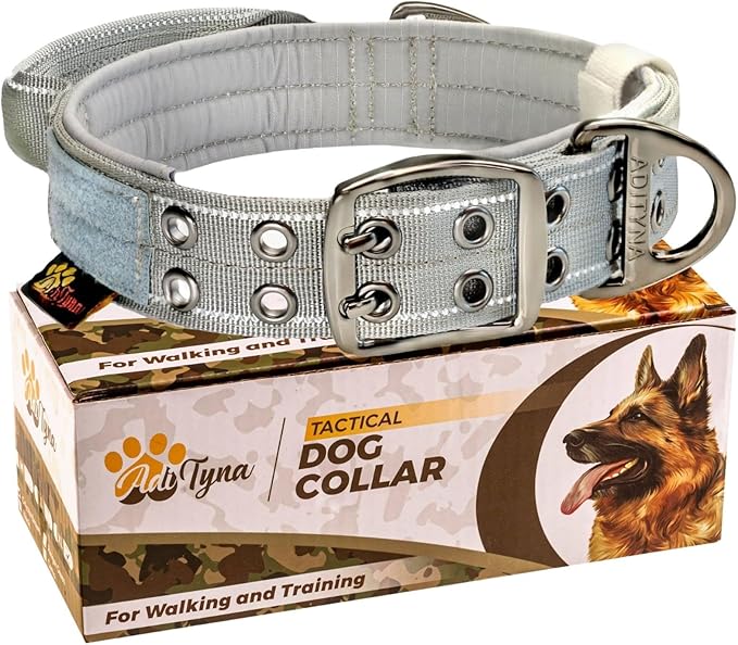 ADITYNA Heavy Duty Dog Collar for Medium Dogs - Reflective Gray Collar with Handle for Training, and Walking - Wide, Thick, Tactical, Soft Neoprene Padded