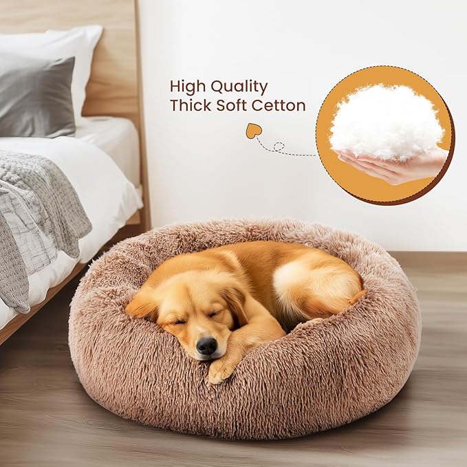DUMOS Calming Donut Cat & Dog Bed for Small Dogs, Machine Washable Cuddle Warming Cozy Fluffy Faux Fur Plush Round Dog Bed, Anti-Anxiety Waterproof Anti-Slip Pet Bed, Brown, 20×20×8 Inches