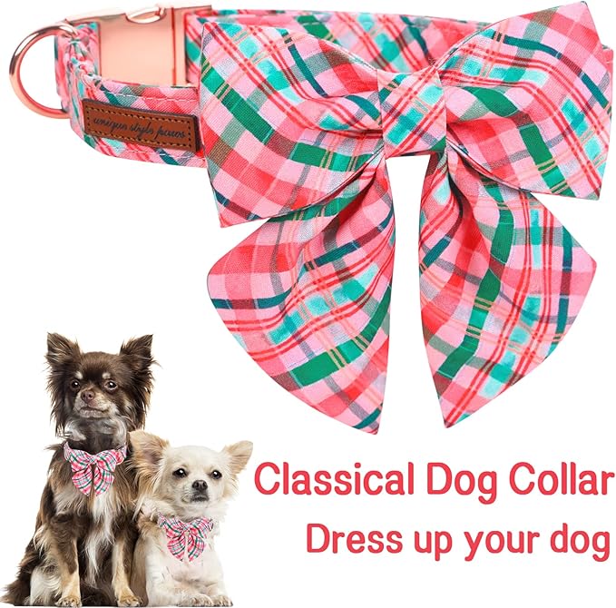 Unique style paws Dog Collar with Tie Pink & Green Plaid Dog Collar Best Gifts for Small Medium Large Dogs -M
