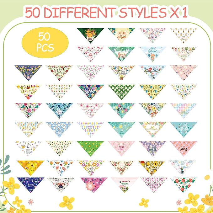 Chunful 50 Pcs Spring Dog Bandanas Bulk Flora Dog Bandanas Pet Triangle Scarf Bib Pet Costume Adjustable Cat Outfit Washable Bids Kerchief for Small Medium Puppy(Fresh Style)