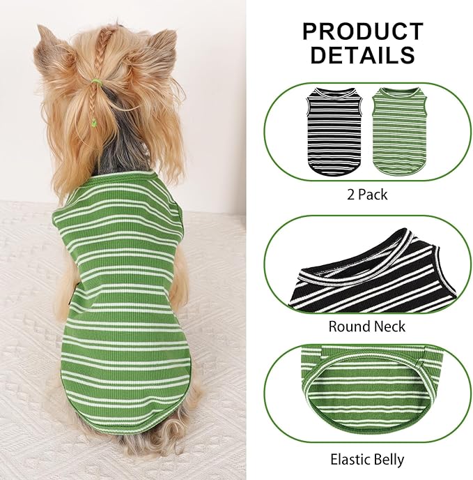 2Pack Dog Shirts for Small Dogs Girl Boy Striped Dog Shirt Vest Soft Stretchy Puppy Clothes Sleeveless Colorful Sweatshirt Small Puppy Outfit for Chihuahua Yorkie, Black+Green, XS