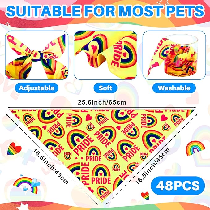 48 Pcs Pride Dog Bandanas LGBT Pet Scarves with Rainbow Color Rainbow Stripe Dog Cat Bandana for Boys and Girls Summer Holiday Triangle Scarf for Medium Pet Costume Accessories
