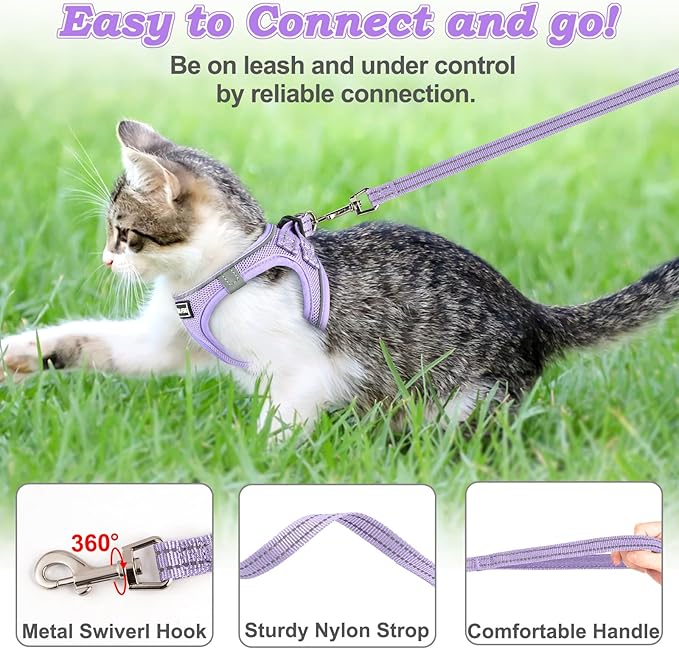 Cat Harness and Leash for Walking Escape Proof, Adjustable Kitten Vest Harness Reflective Soft Mesh Puppy Harness for Outdoor, Comfort Fit, Easy to Control (Purple, XS)