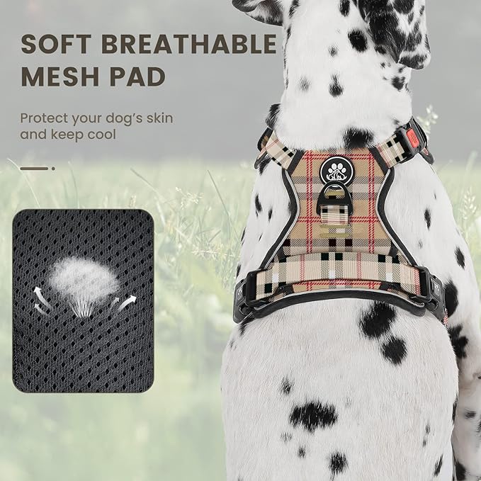 FURRYFECTION Plaid Dog Harness for Large Dogs | No Pull Reflective Pet Harness | No Choke Adjustable Dog Vest Harnesses | with Leash | Easy Control Handle | Front Lead | Seat Belt | Beige&White | XL