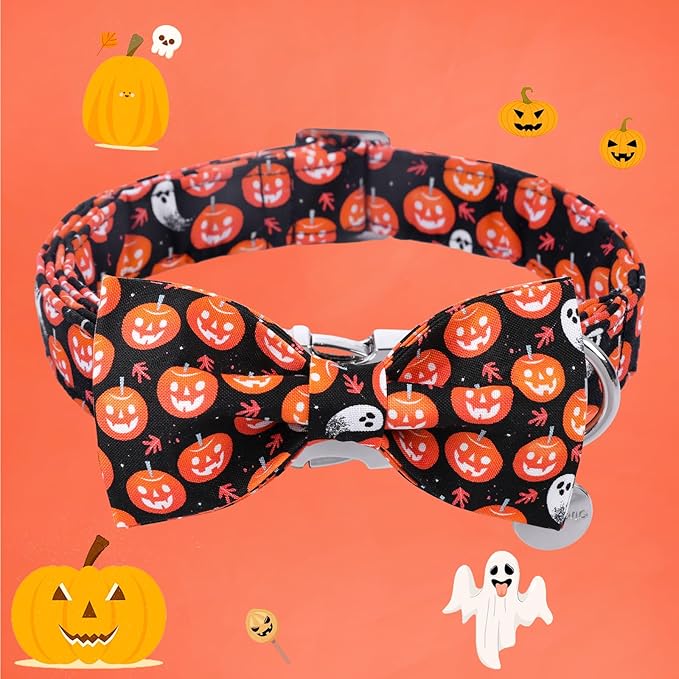 DOGWONG Fall Dog Collar with Bowtie - Black Pumpkim Dog Collar Soft Cotton Autumn Dogs Necklace- Halloween Puppy Necklace for Small Medium Large Dogs