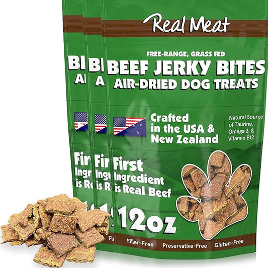 Real Meat Dog Treats - Three 12oz Bag of Bite-Sized Air-Dried Beef Jerky for Dogs - Grain-Free Jerky Pet Treats with 95% Free-Range, Grass Fed Beef - All-Natural High Protein Treats