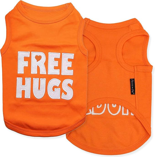 Parisian Pet Dog T-Shirt - Embroidered ' Free Hugs ' Dogs Apparel - 100% Cotton, Dog Clothes - Sleeveless Doggy Tank Top - Machine Washable Shirts for Large Dogs L