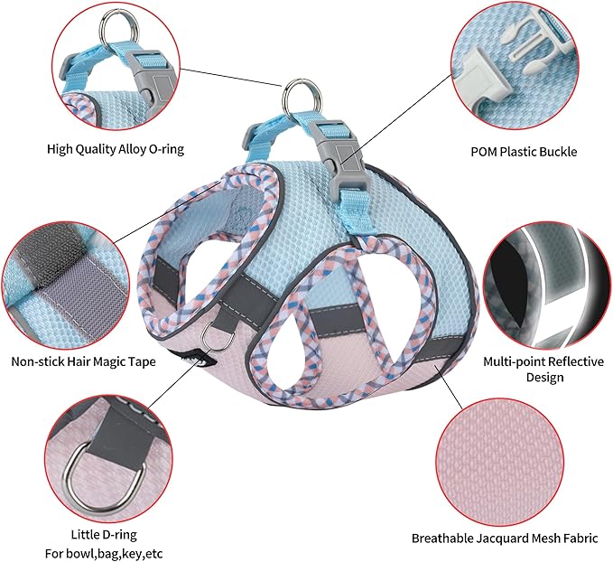 AIITLE Small Dog Harness - Breathable Double-Layer Jacquard No-Choke Vest, Durable Anti-Tear Fabric with Reflective Trim - Perfect for Running, Parties, Daily Walks (Blue-Pink, XS)