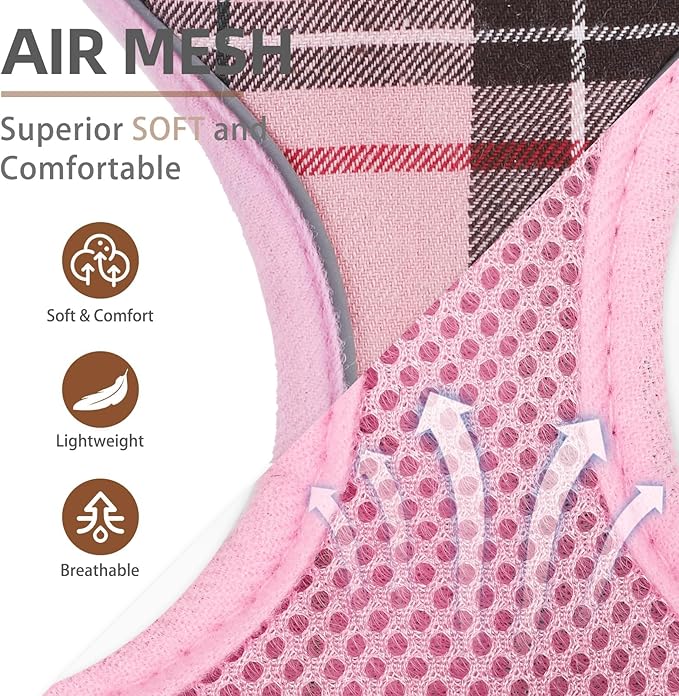 PUPTECK Soft Mesh Dog Harness and Leash Set Pet Puppy Cat Adjustable Reflective Padded Vest No Pull Harnesses, Pink, M