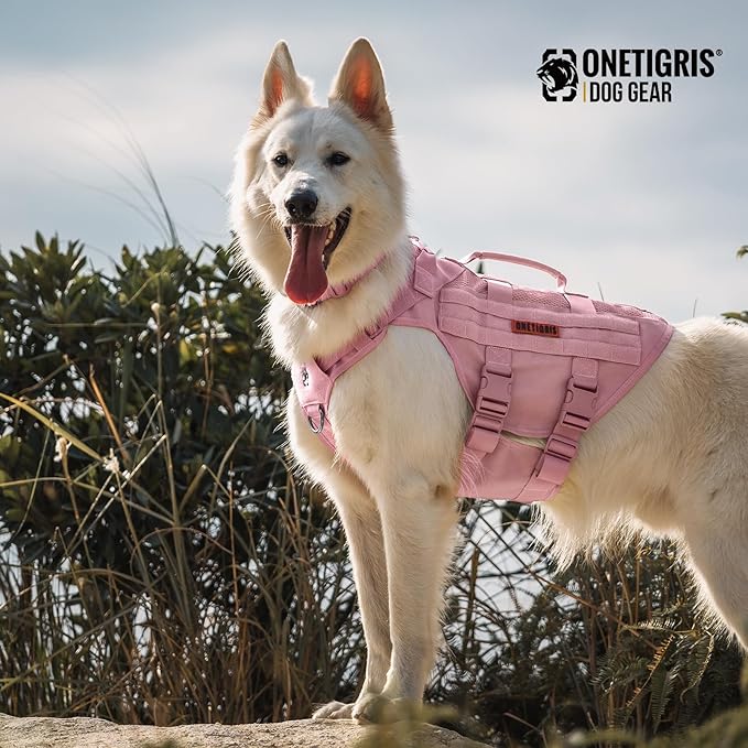 OneTigris Tactical Dog Harness for Small Dogs, No Pull Vest With Handles, Breathable Military Molle Vest for Walking Hiking Training (Pink, XS)