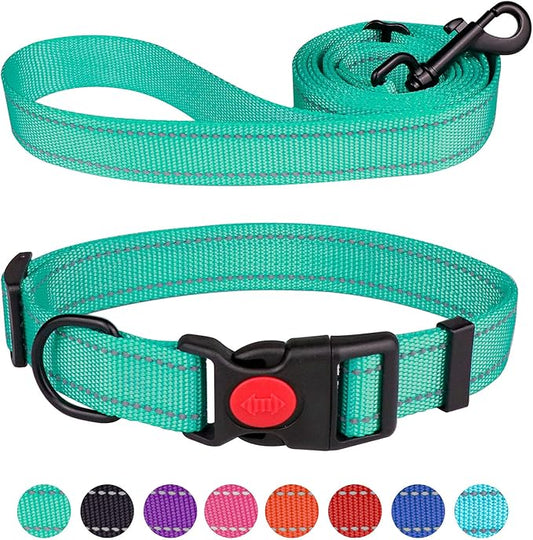 Reflective Dog Collar and Leash Set with Safety Locking Buckle Nylon Pet Collars Adjustable for Small Medium Large Dogs 3 Sizes(Mint Green&L)