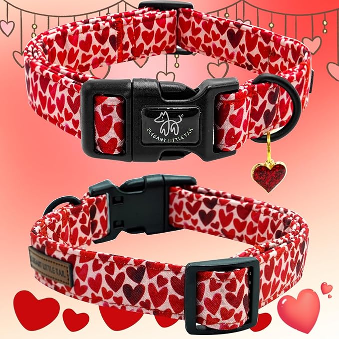 Elegant little tail Valentine's Dog Collar, Red Heart Dog Collars Female or Male Adjustable Cotton Pet Collar with Quick Release Buckle for Small Medium Large Dogs