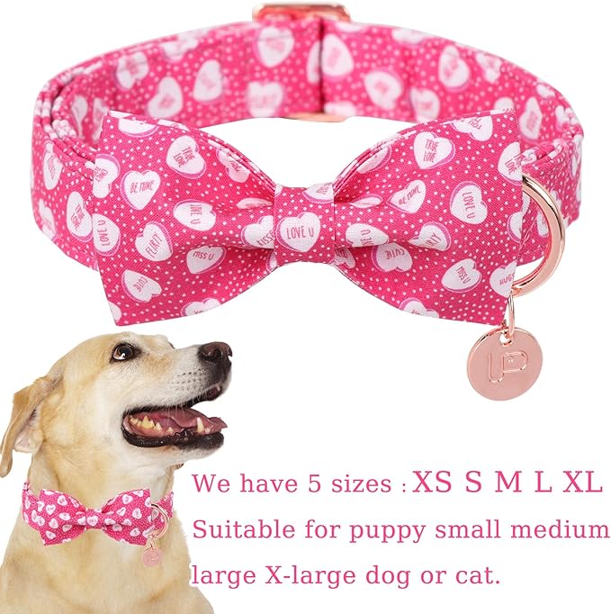 Valentine’s Dog Collar with Bow Tie, Pink Heart Bowtie Collar with Metal Buckle, Valentine’s Gift Pet Collar for Puppy Girl Boy Dog or Cat, Wedding Dog Collar,XL