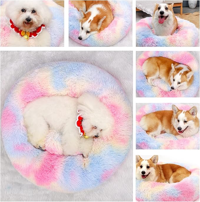 Dog Calming Beds for Small Medium Large Dogs - Round Donut Washable Puppy Dog Bed, Anti-Slip Faux Fur Fluffy Donut Cuddle Anxiety Cat Pet Bed(20'' Color)