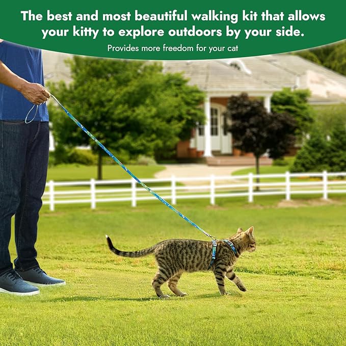Cat Harness and Leash Set - Escape Proof Adjustable Cat Harness, Comfortable Soft Lightweight, Use Safe & Easy, Walking Travel Kitten Harness for Small Medium Large Cats (Hawaii Green)
