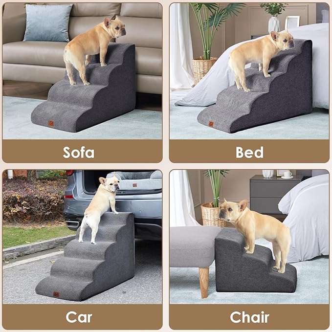 EHEYCIGA Curved Dog Stairs Ramp for High Beds 19.7" H, 4-Step Dog Steps for Small Dogs and Cats, Pet Stairs for High Bed Climbing, Non-Slip Balanced Pet Step Indoor, Grey