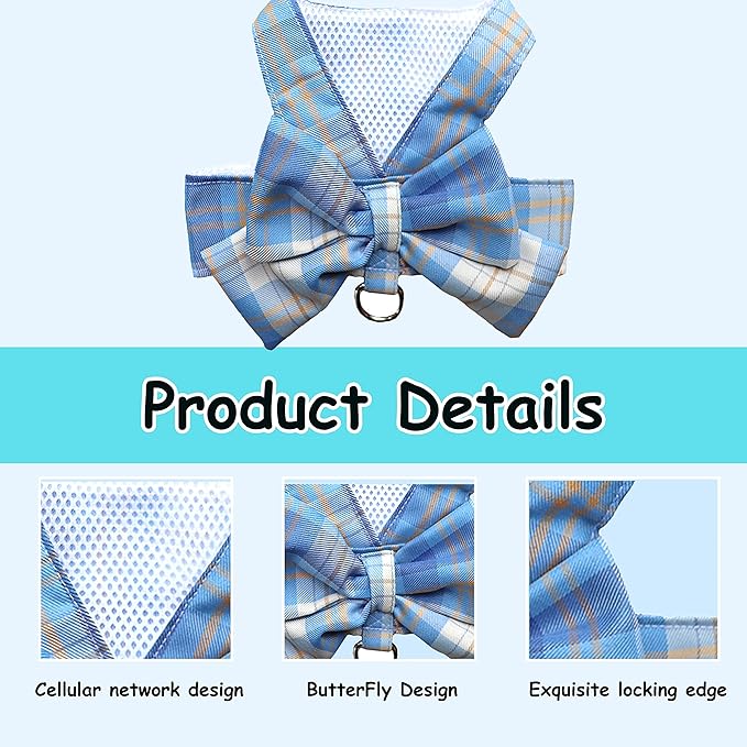 Plaid Dog Dress Bow Tie Harness Leash Set,Dog Clothes Harness Dress with Leash Ring for Small Dogs Girl, Puppy Princess Rabbit Clothes Chihuahua Yorkies Pet Outfits (Blue, X-Small)