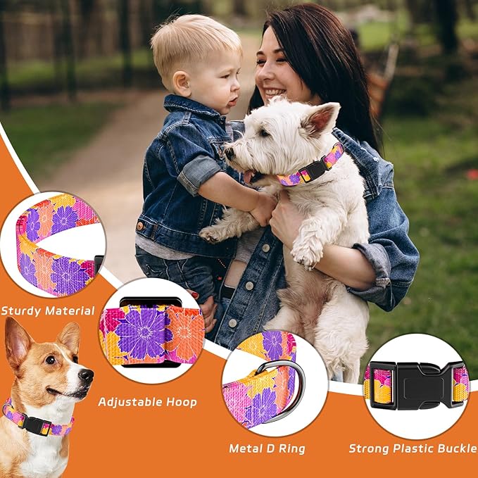 Dog Collar, Cute Floral Puppy Collar for Boys Girls Small Medium Large Dogs, Adjustable Soft Pet Collar Fancy Floral with Quick Release Buckle for Males Females, Colourful Floral,M