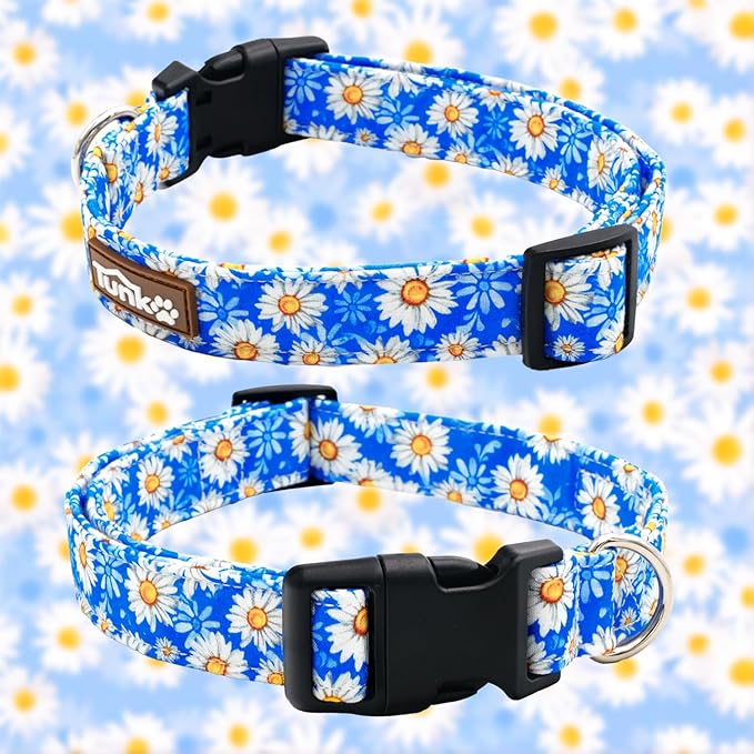 Tunkoo Blue Daisy Dog Collar, Cute Adjustable Premium Cotton Collar Durable Plastic Buckle for Small Medium Large Boys Girls Dogs, L